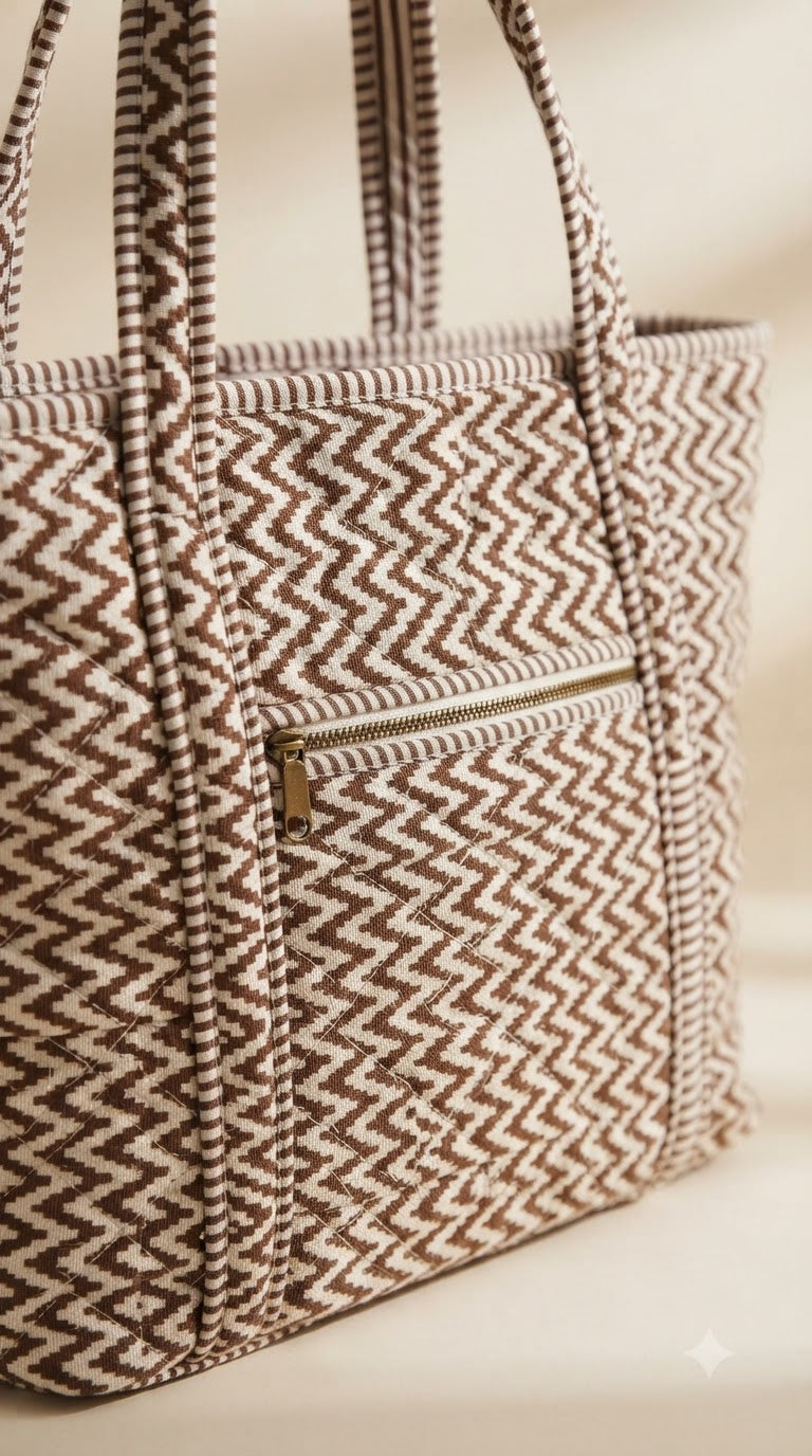 CHOCOLATE CHEVRON QUILTED TOTE BAG