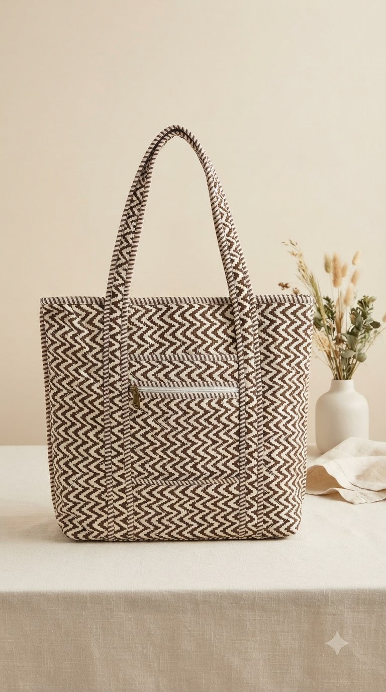 CHOCOLATE CHEVRON QUILTED TOTE BAG