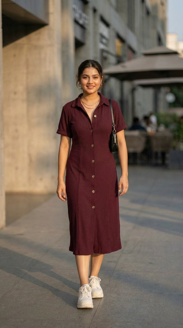 BURGUNDY MUSE BUTTON DRESS