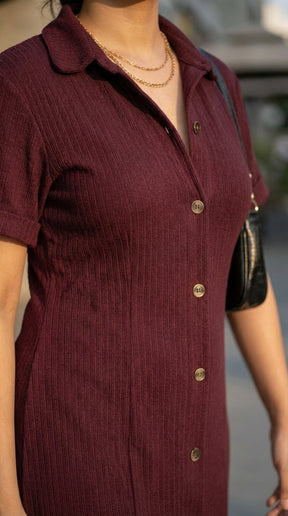 BURGUNDY MUSE BUTTON DRESS