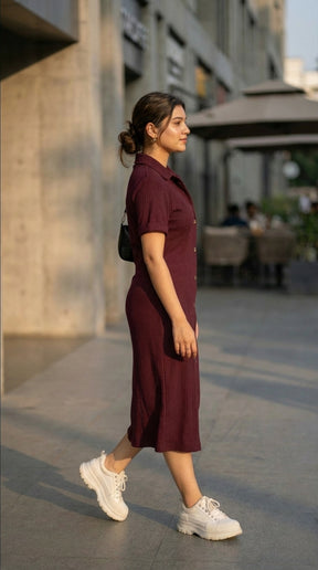 BURGUNDY MUSE BUTTON DRESS