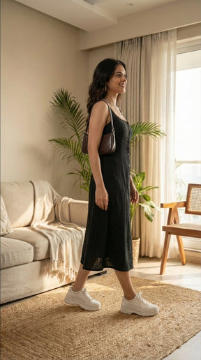 BLACK SLEEVELESS COTTON DENIM MAXI