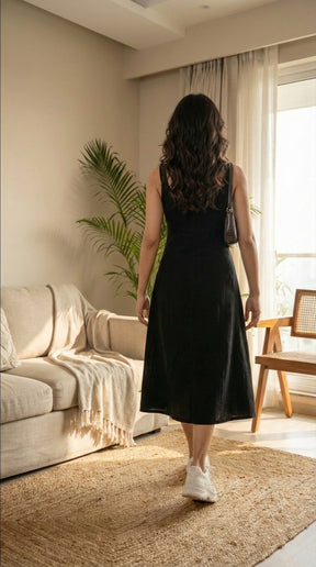 BLACK SLEEVELESS COTTON DENIM MAXI