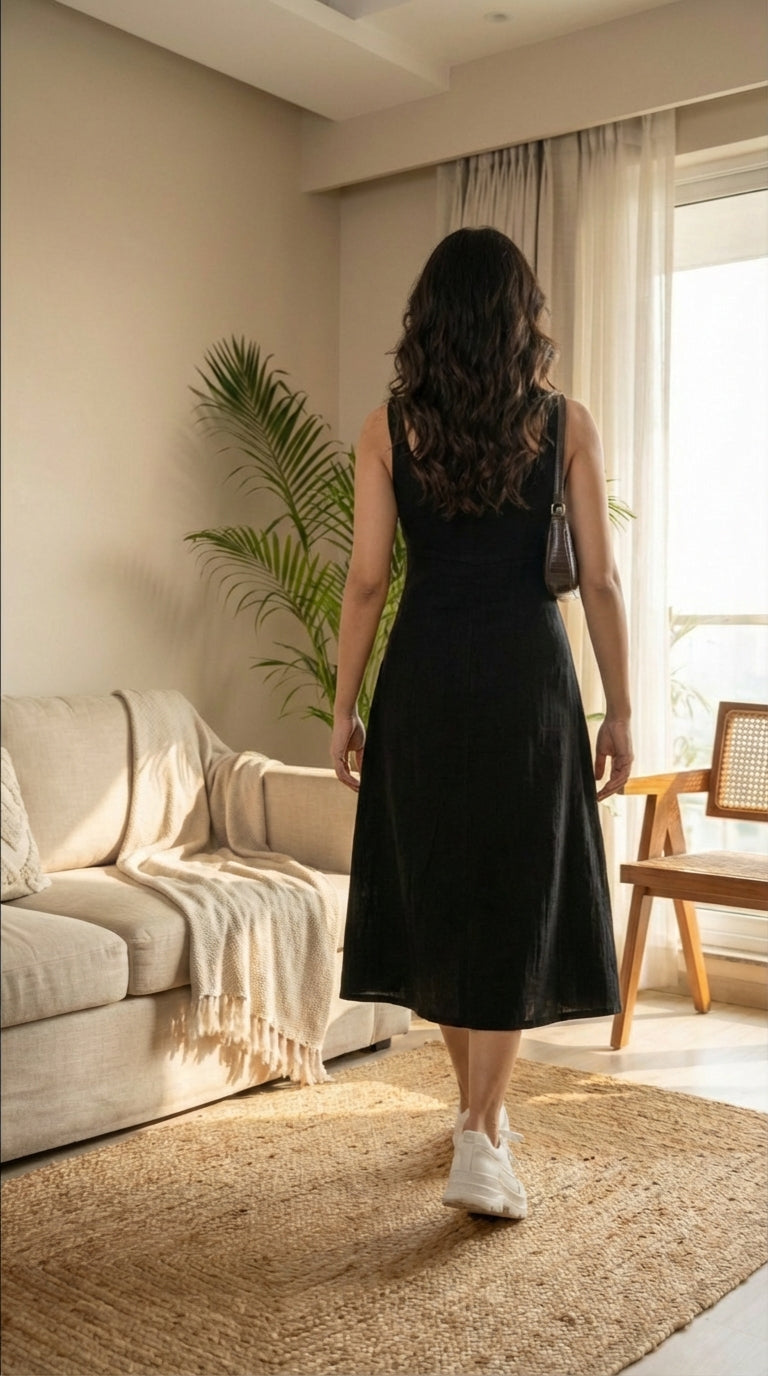 BLACK SLEEVELESS COTTON DENIM MAXI