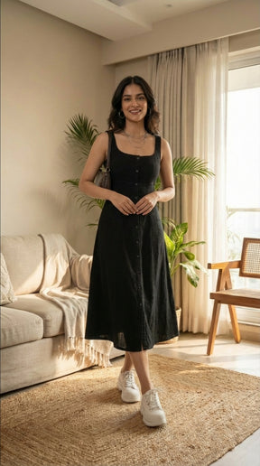 BLACK SLEEVELESS COTTON DENIM MAXI