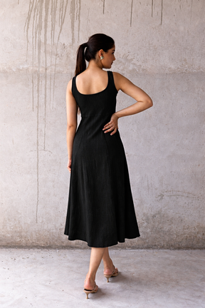 BLACK SLEEVELESS COTTON DENIM MAXI