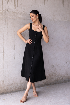 BLACK SLEEVELESS COTTON DENIM MAXI