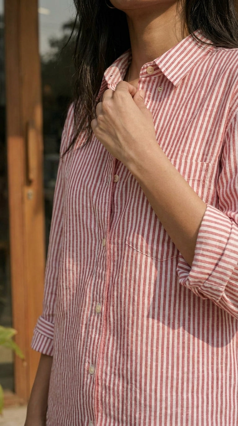 CHERRY RED STRIPED OVERSIZED COTTON SHIRT