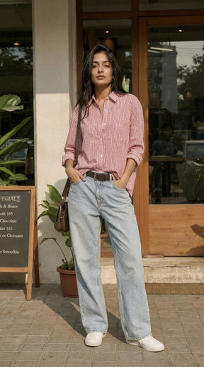 CHERRY RED STRIPED OVERSIZED COTTON SHIRT