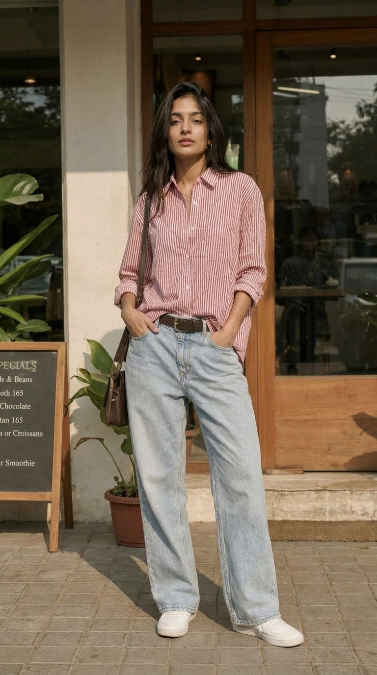 CHERRY RED STRIPED OVERSIZED COTTON SHIRT
