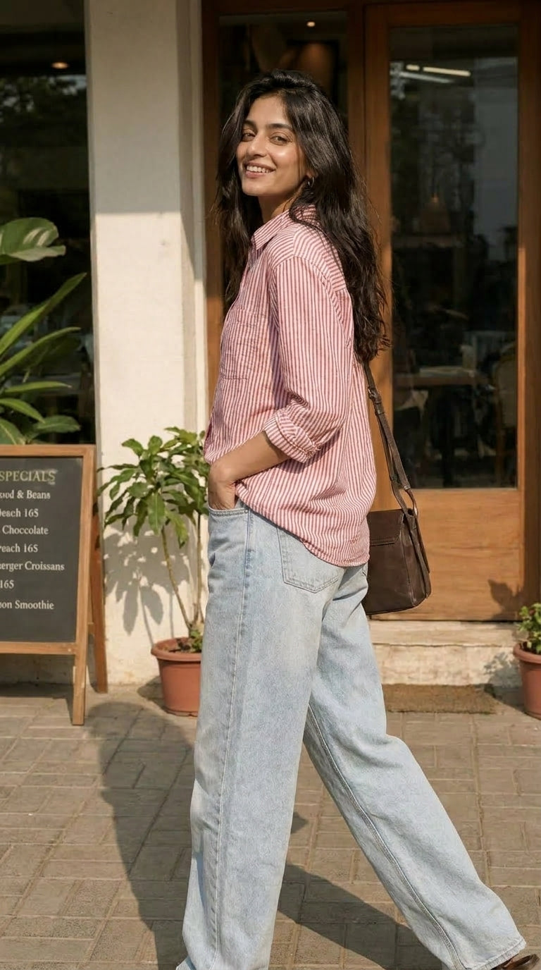 CHERRY RED STRIPED OVERSIZED COTTON SHIRT