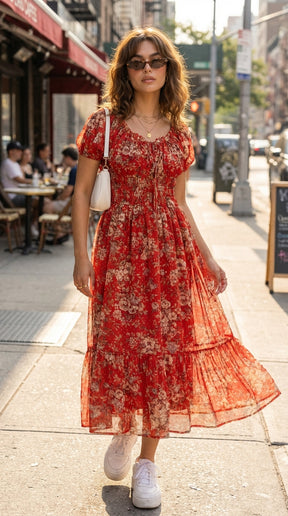 RED FLORAL SMOCKED MAXI