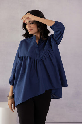 Navy cotton shirt for women, stylish casual outfit.
