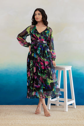 Black geometric print chiffon maxi dress with vibrant colors.