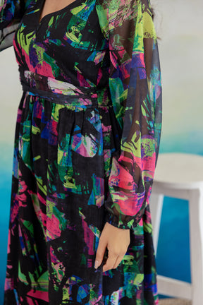 Black geometric print chiffon maxi dress with vibrant colors.