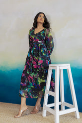 Black geometric print chiffon maxi dress model in studio setting.