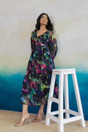 Black geometric print chiffon maxi dress model in studio setting.