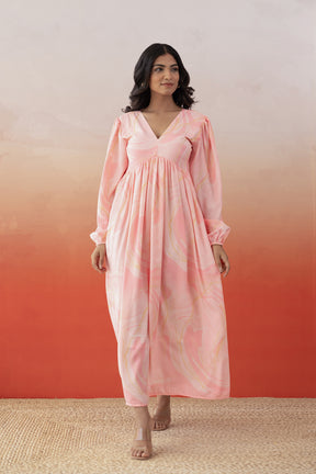 Elegant pink marble print maxi dress for women, perfect summer fashion.