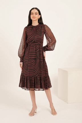 BROWN & BLACK ABSTRACT PRINT PUFF SLEEVE MAXI