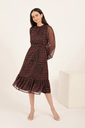 BROWN & BLACK ABSTRACT PRINT PUFF SLEEVE MAXI