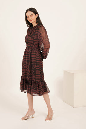 BROWN & BLACK ABSTRACT PRINT PUFF SLEEVE MAXI