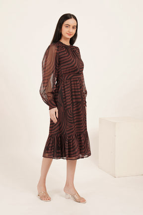 BROWN & BLACK ABSTRACT PRINT PUFF SLEEVE MAXI