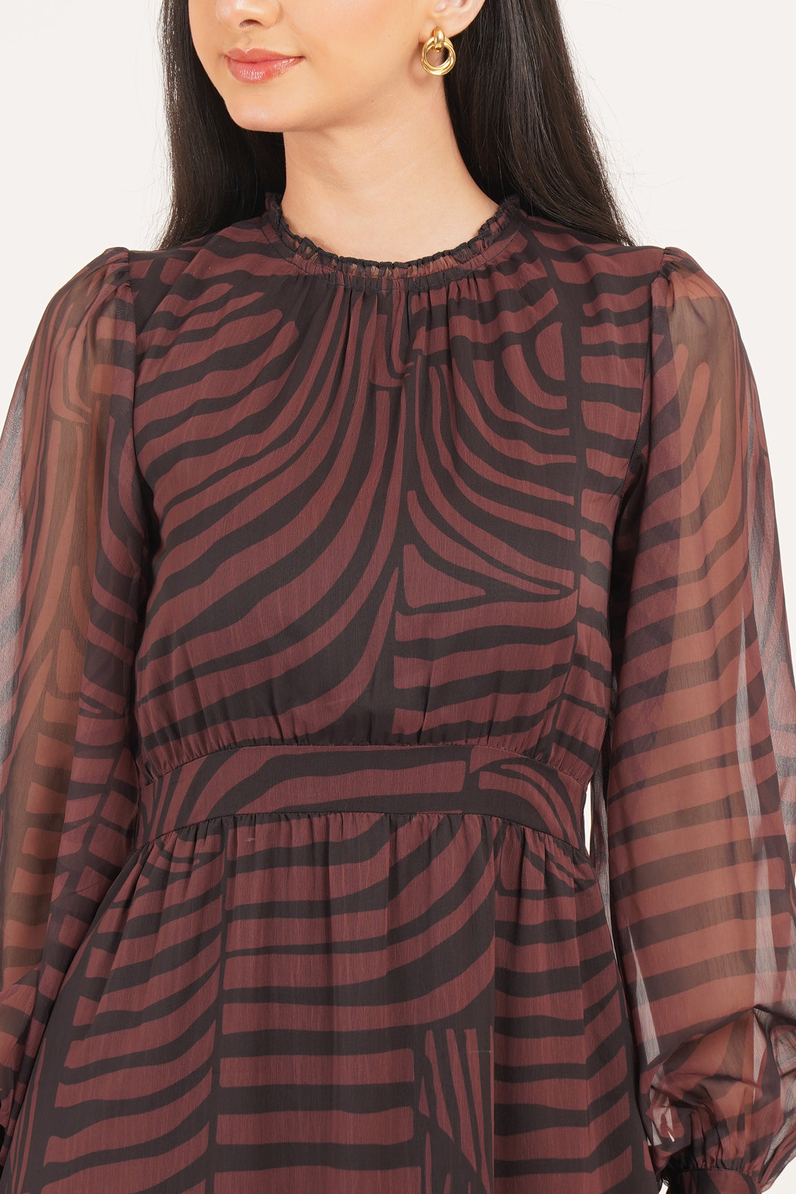 BROWN & BLACK ABSTRACT PRINT PUFF SLEEVE MAXI
