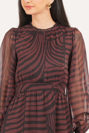 BROWN & BLACK ABSTRACT PRINT PUFF SLEEVE MAXI