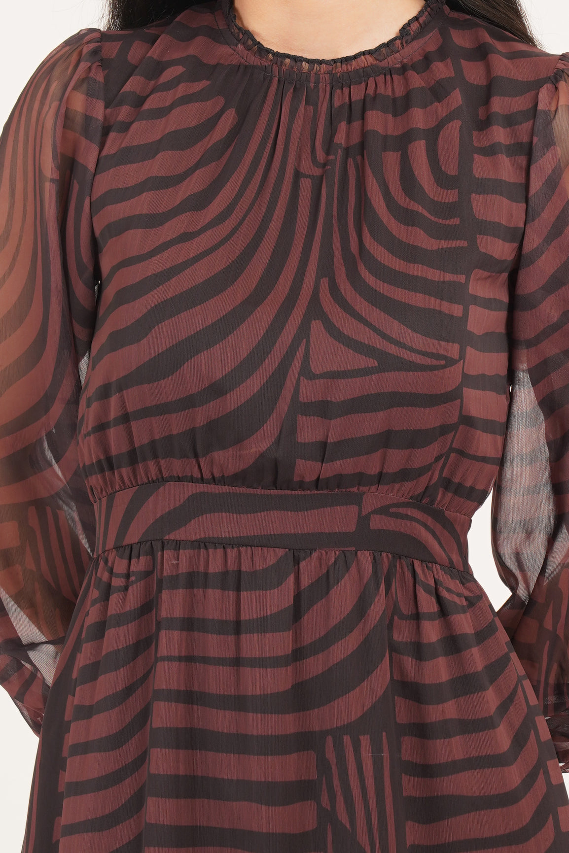 BROWN & BLACK ABSTRACT PRINT PUFF SLEEVE MAXI