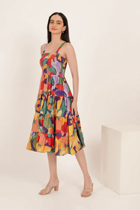 ABSTRACT TIERED SMOCKED MAXI