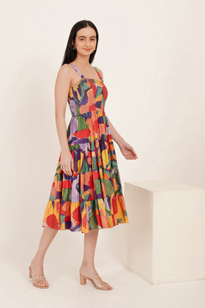 ABSTRACT TIERED SMOCKED MAXI