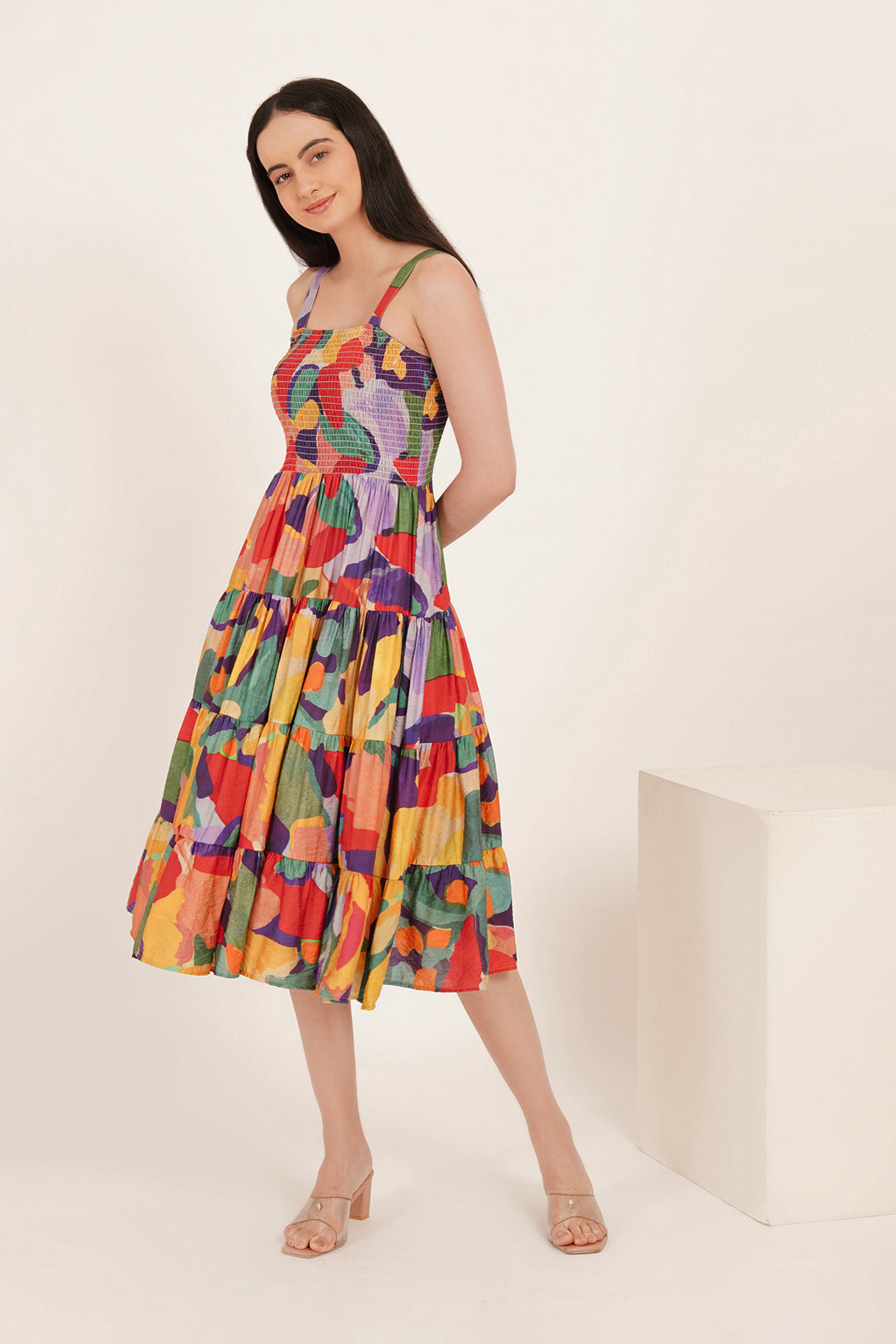 ABSTRACT TIERED SMOCKED MAXI