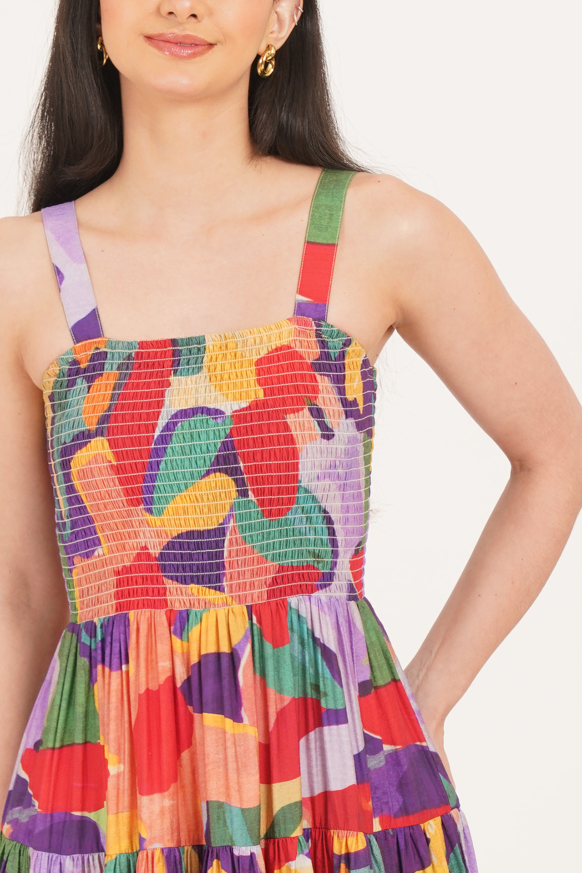 ABSTRACT TIERED SMOCKED MAXI