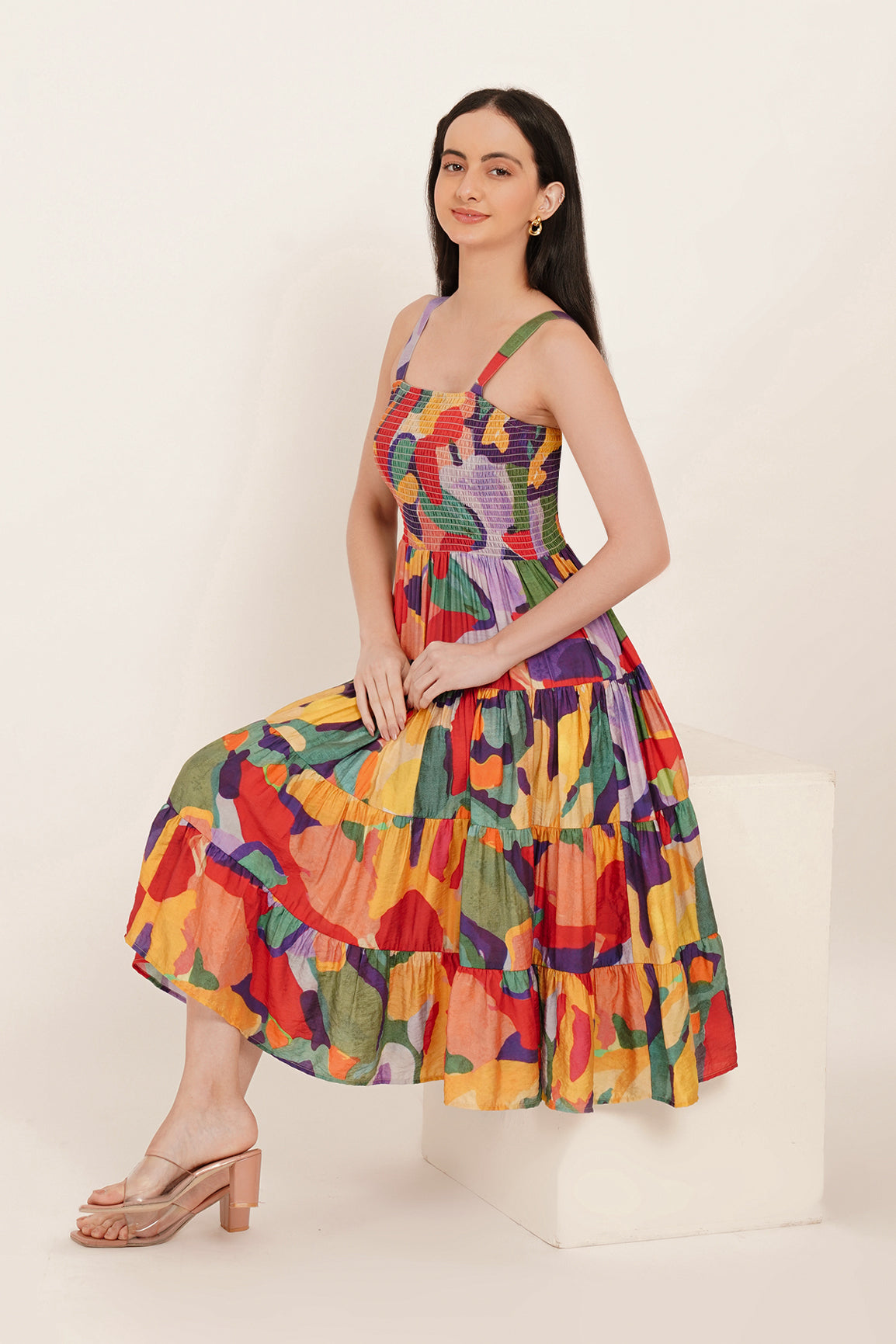 ABSTRACT TIERED SMOCKED MAXI