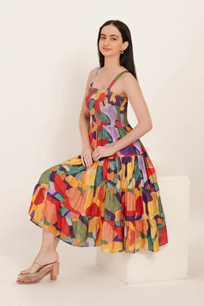 ABSTRACT TIERED SMOCKED MAXI