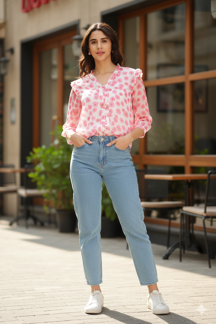 PINK RUFFLE FLORAL TOP