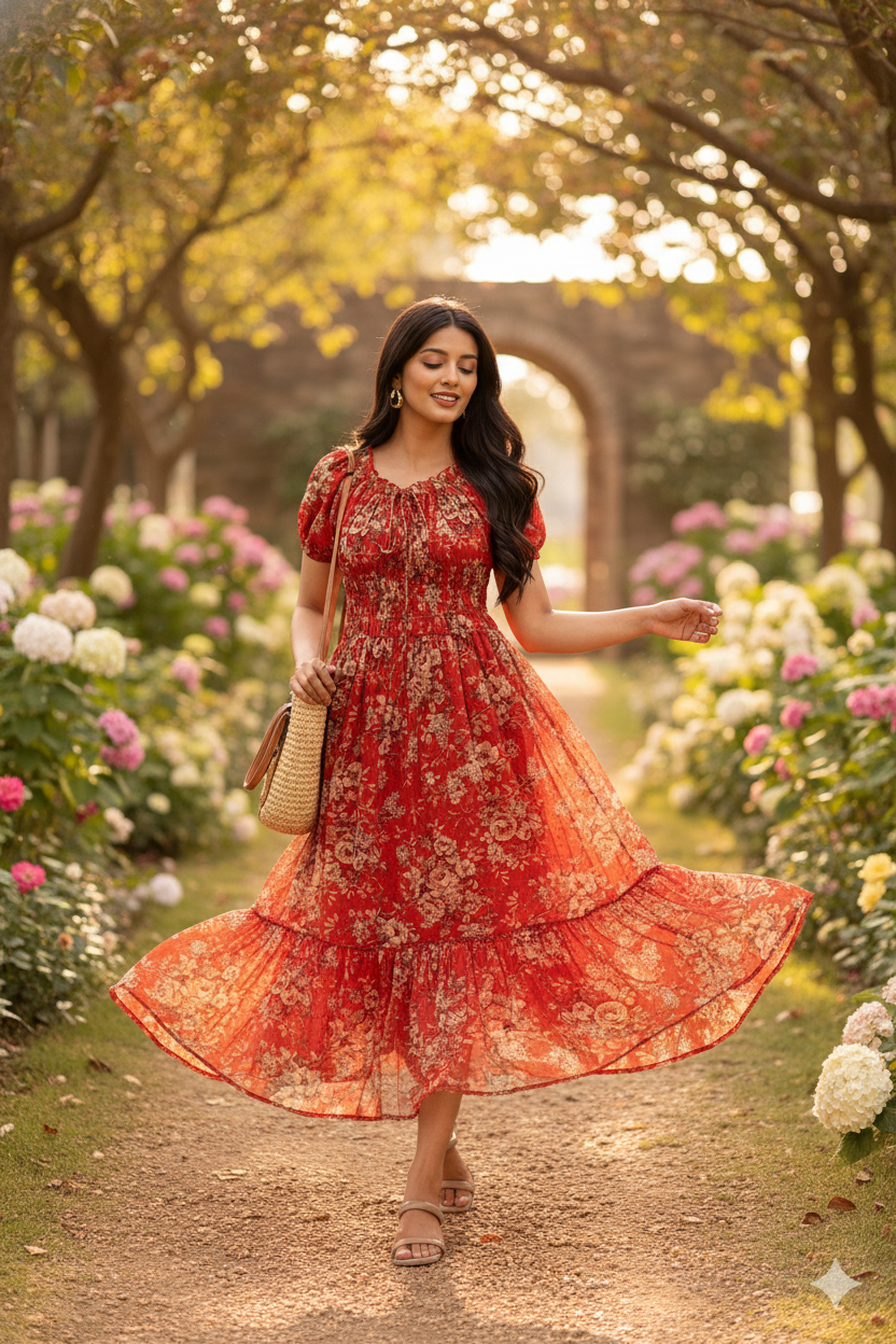 RED FLORAL SMOCKED MAXI