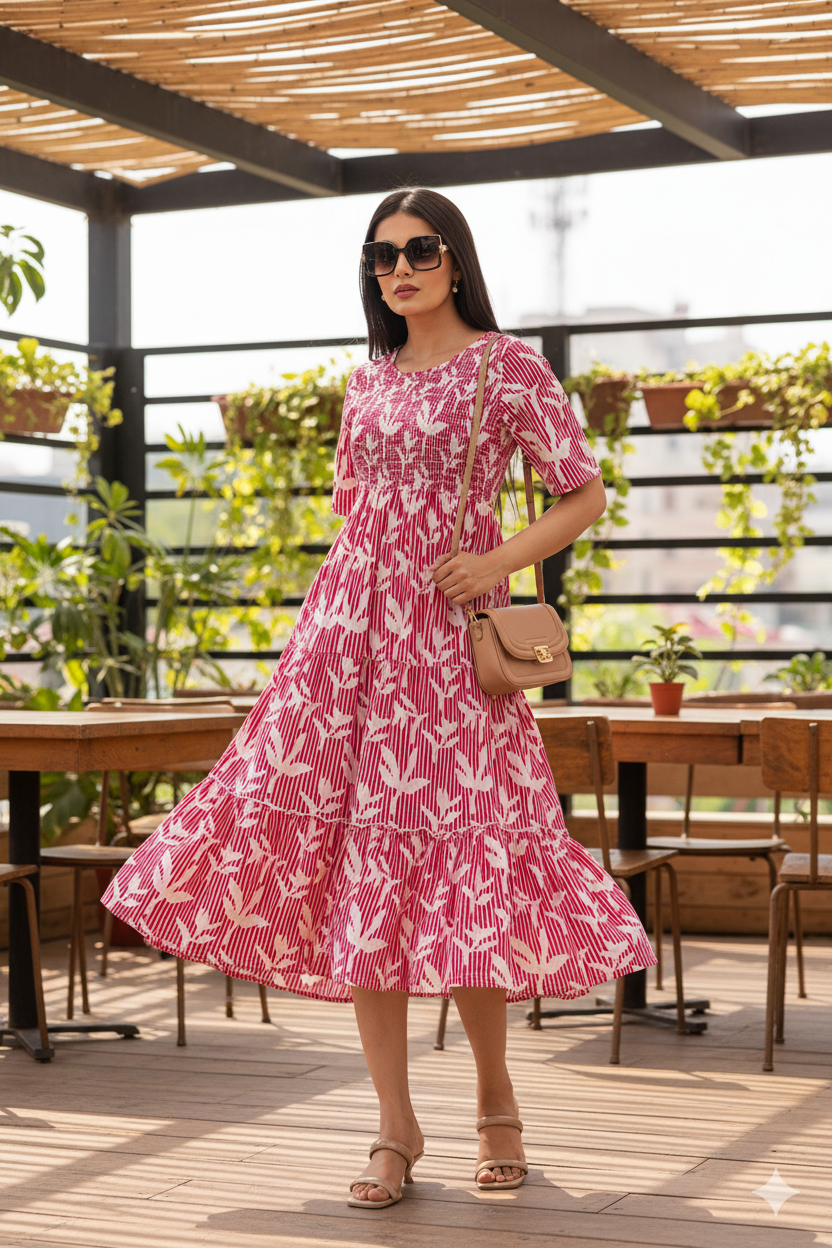 PINK FLORAL & STRIPED COTTON MAXI