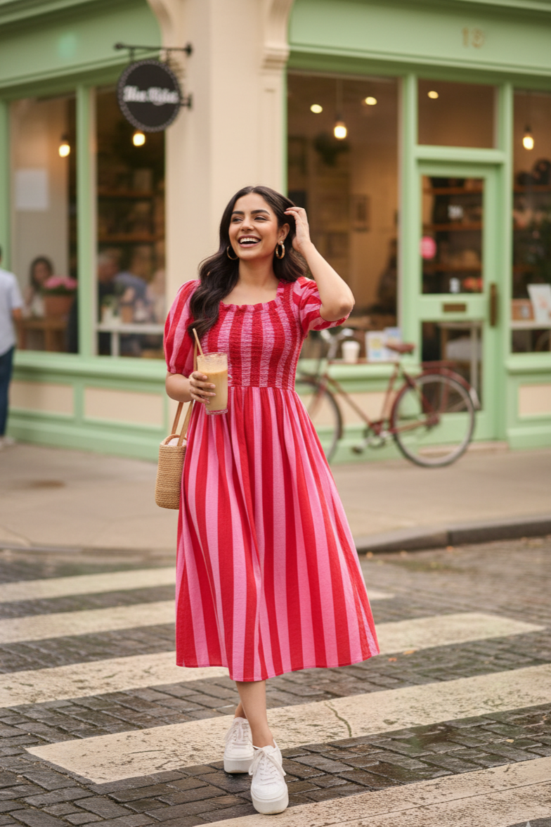 PINK STRIPED COTTON SMOCKED MAXI