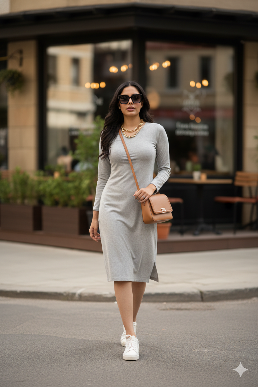 GREY COTTON MIDI DRESS