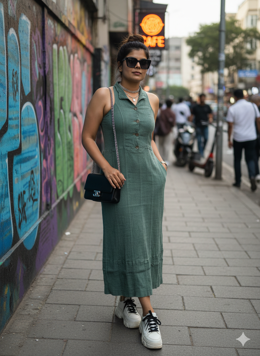 EMERALD SLEEVELESS COTTON DENIM MAXI