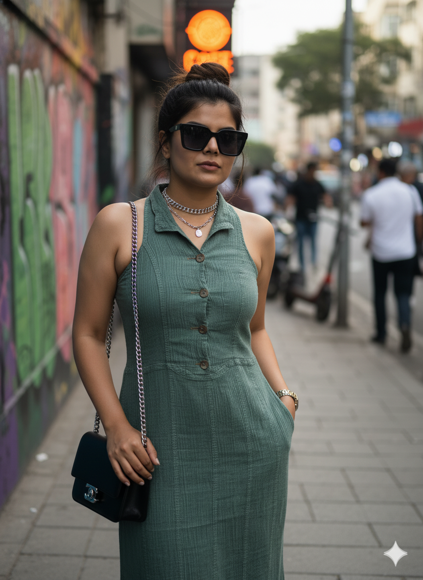 EMERALD SLEEVELESS COTTON DENIM MAXI