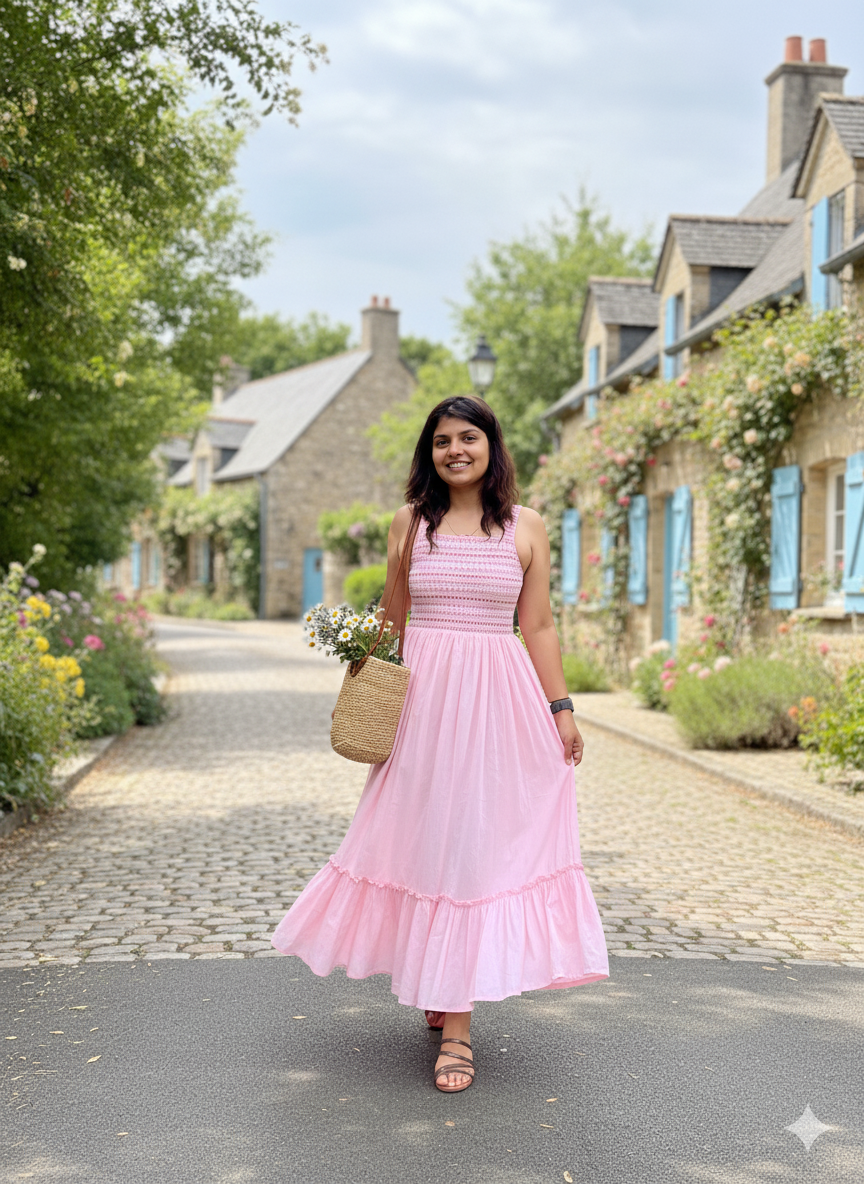 BABY PINK SMOCKED COTTON MAXI