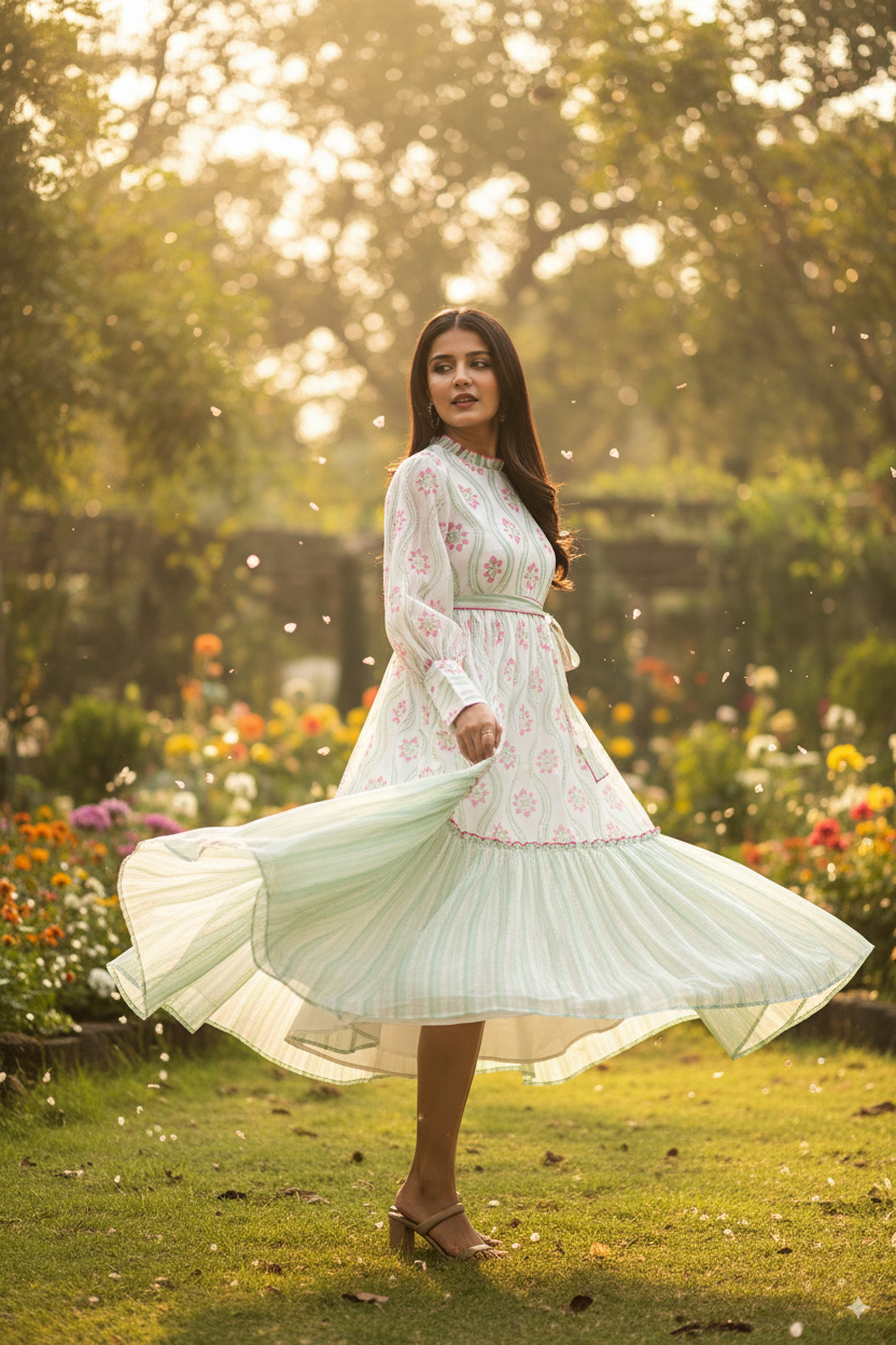 GREEN & PINK PRINTED MAXI DRESS