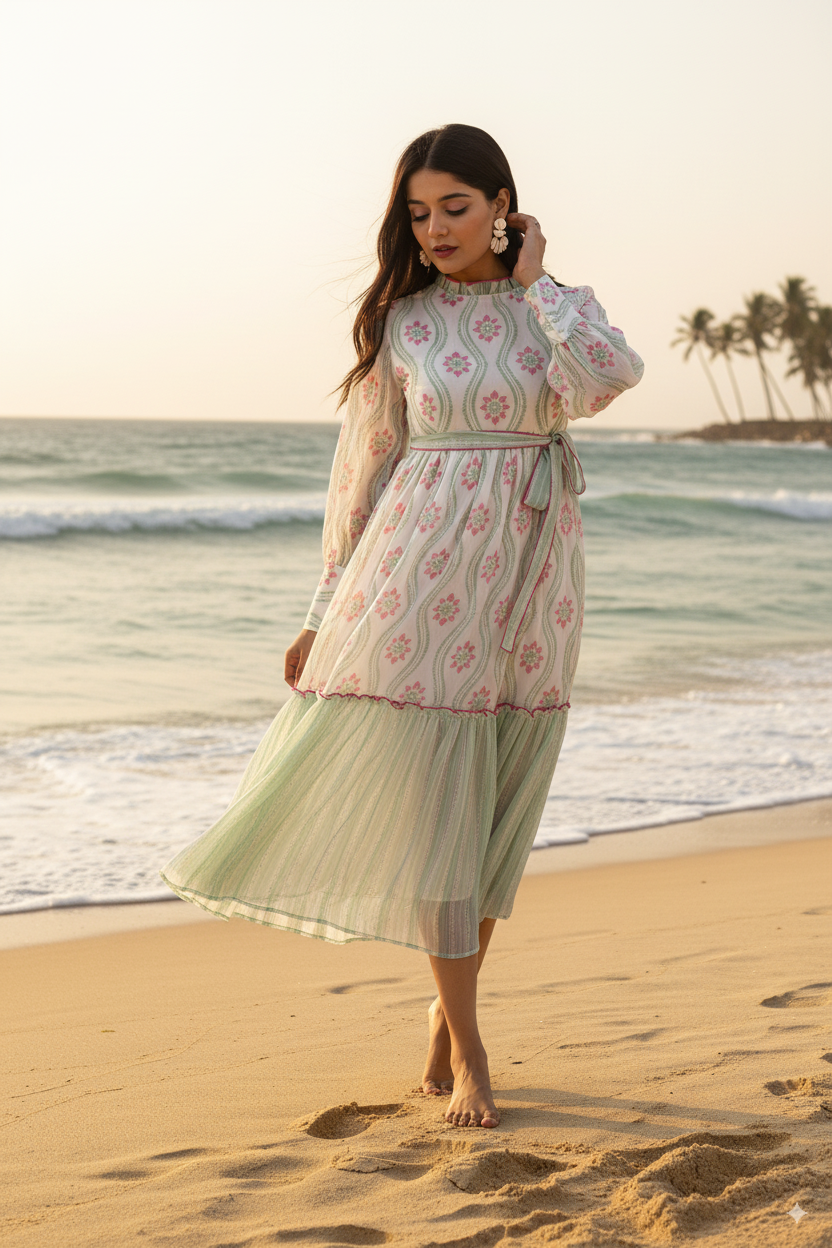 GREEN & PINK PRINTED MAXI DRESS
