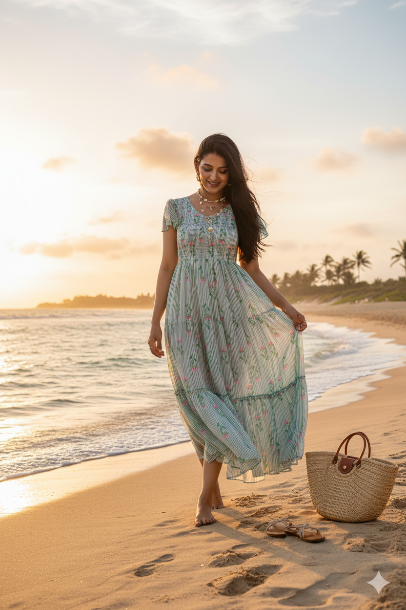 STRIPED & FLORAL SMOCKED MAXI