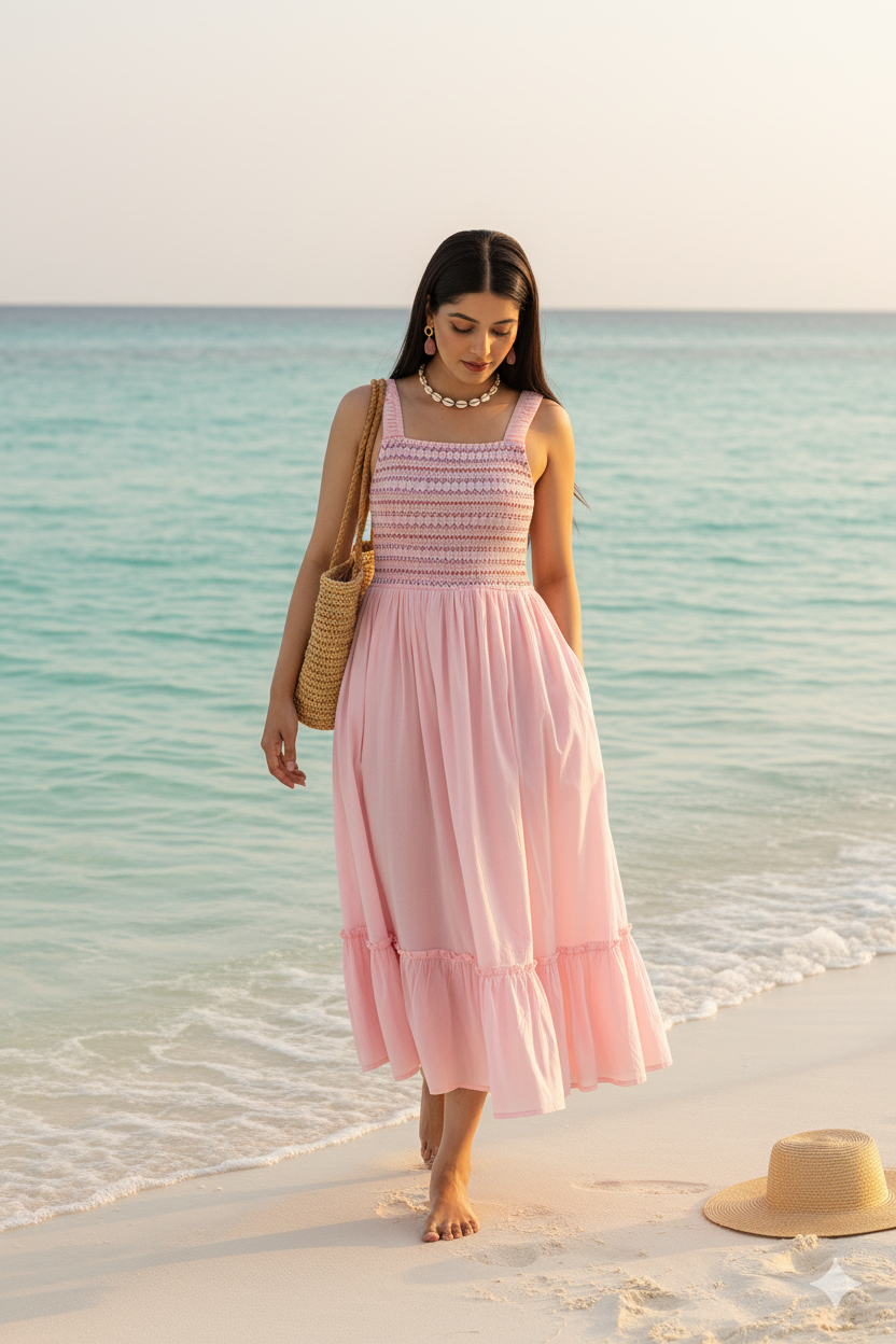 BABY PINK SMOCKED COTTON MAXI