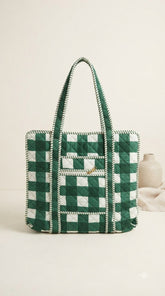 GREEN GINGHAM QUILTED TOTE BAG