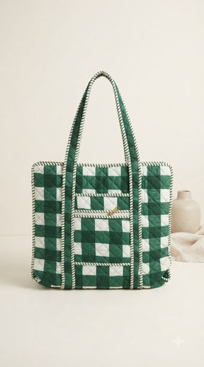 GREEN GINGHAM QUILTED TOTE BAG