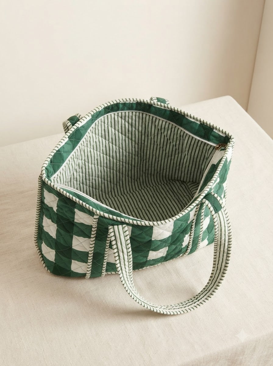 GREEN GINGHAM QUILTED TOTE BAG